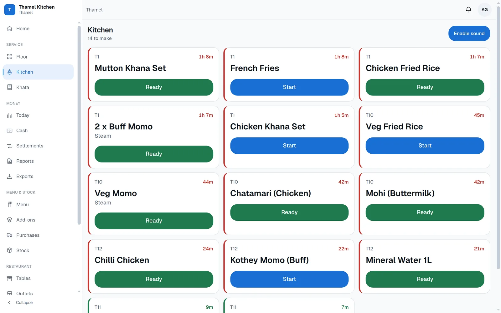 The Kitchen screen listing fourteen dishes to make, including Mutton Khana Set, Buff Momo, Chatamari and Kothey Momo, each with its table number, elapsed time, and a Start or Ready button.